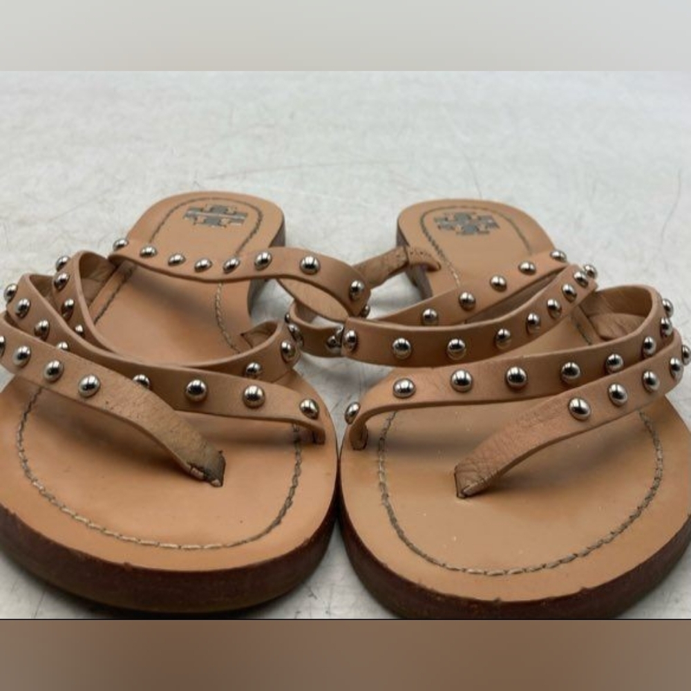 Tory Burch Designer Patos Tan Studded Strappy Calf Leather Thong Sandals 9.5 - Picture 4 of 8